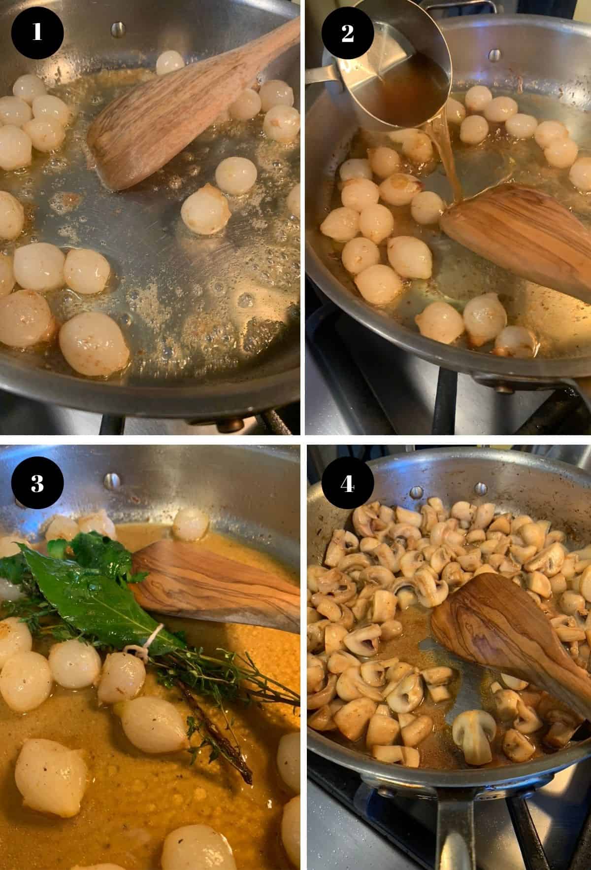 sauteing pearl onions and mushrooms in a large skillet.