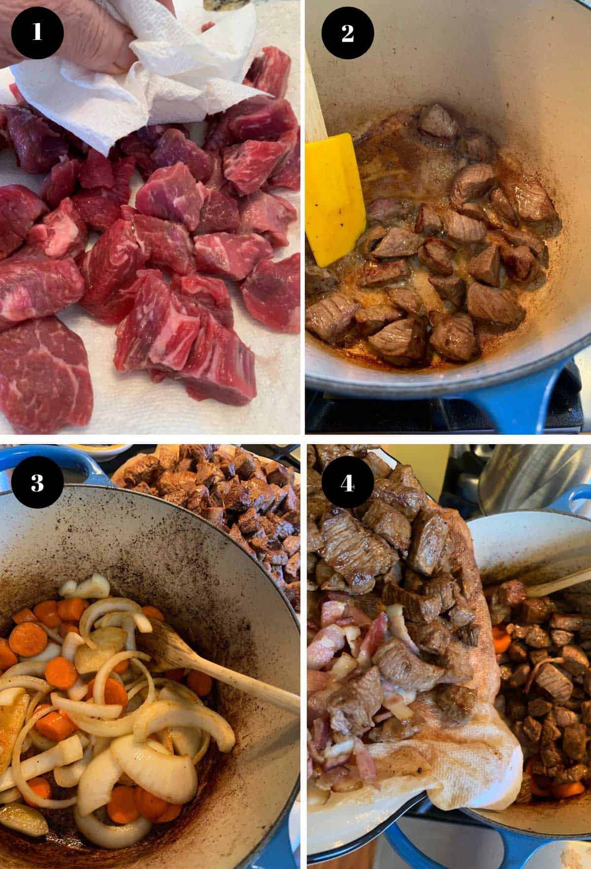 Drying and then searing beef in a pot with vegetables.