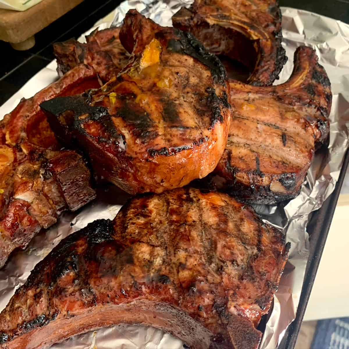 a pan of smoked pork chops.