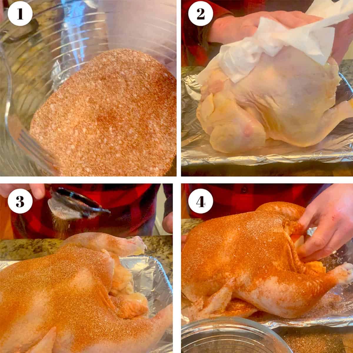 Drying and applying a dry brine to a whole chicken.