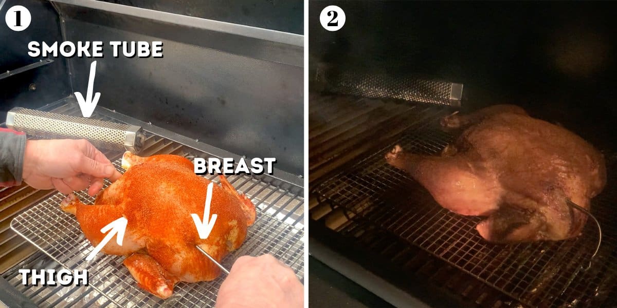 Putting a whole chicken on a pellet smoker.