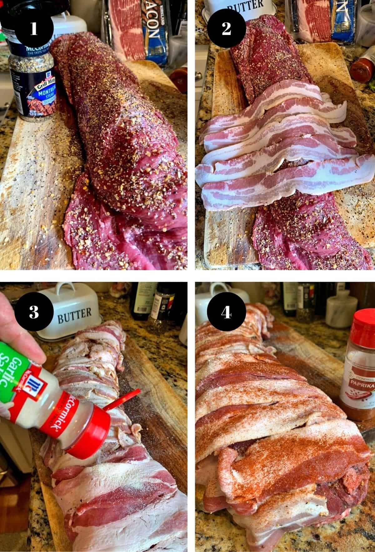 Seasoning a whole beef tenderloin and wrapping it in bacon.