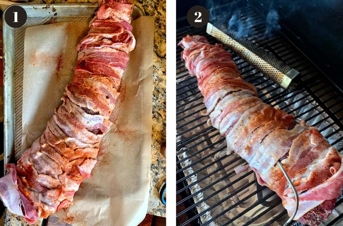 A big piece of meat, wrapped in bacon and then placed on a grill.