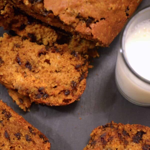 Some pumpkin bread with a glass of milk.