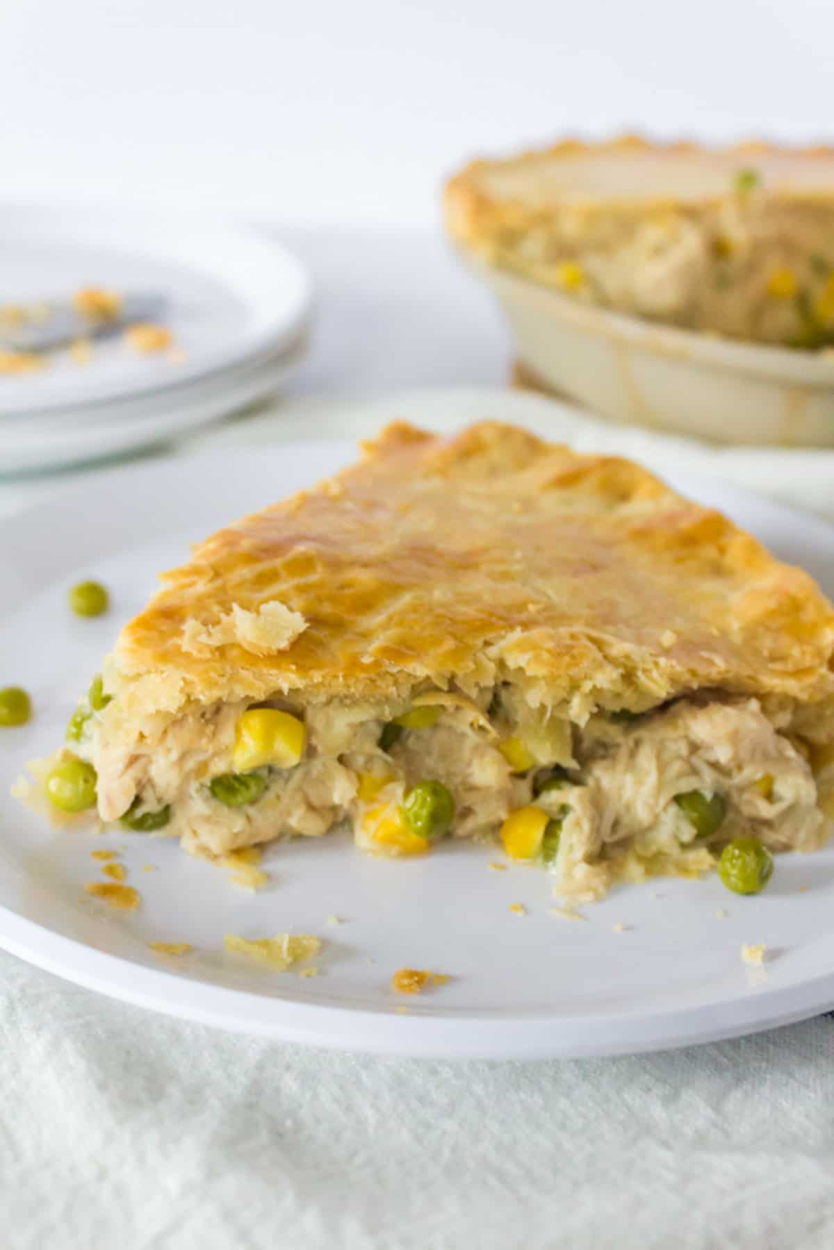 A slice of homemader turkey pot pie on a white plate.