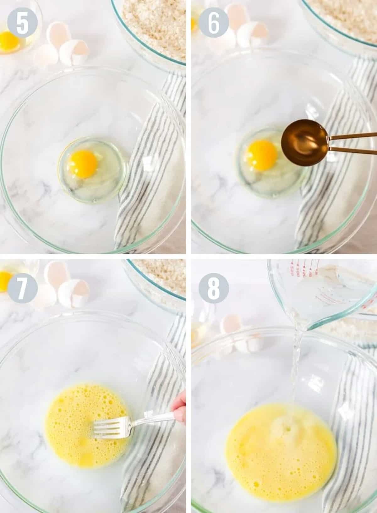 Adding an egg and water to a mixing bowl.