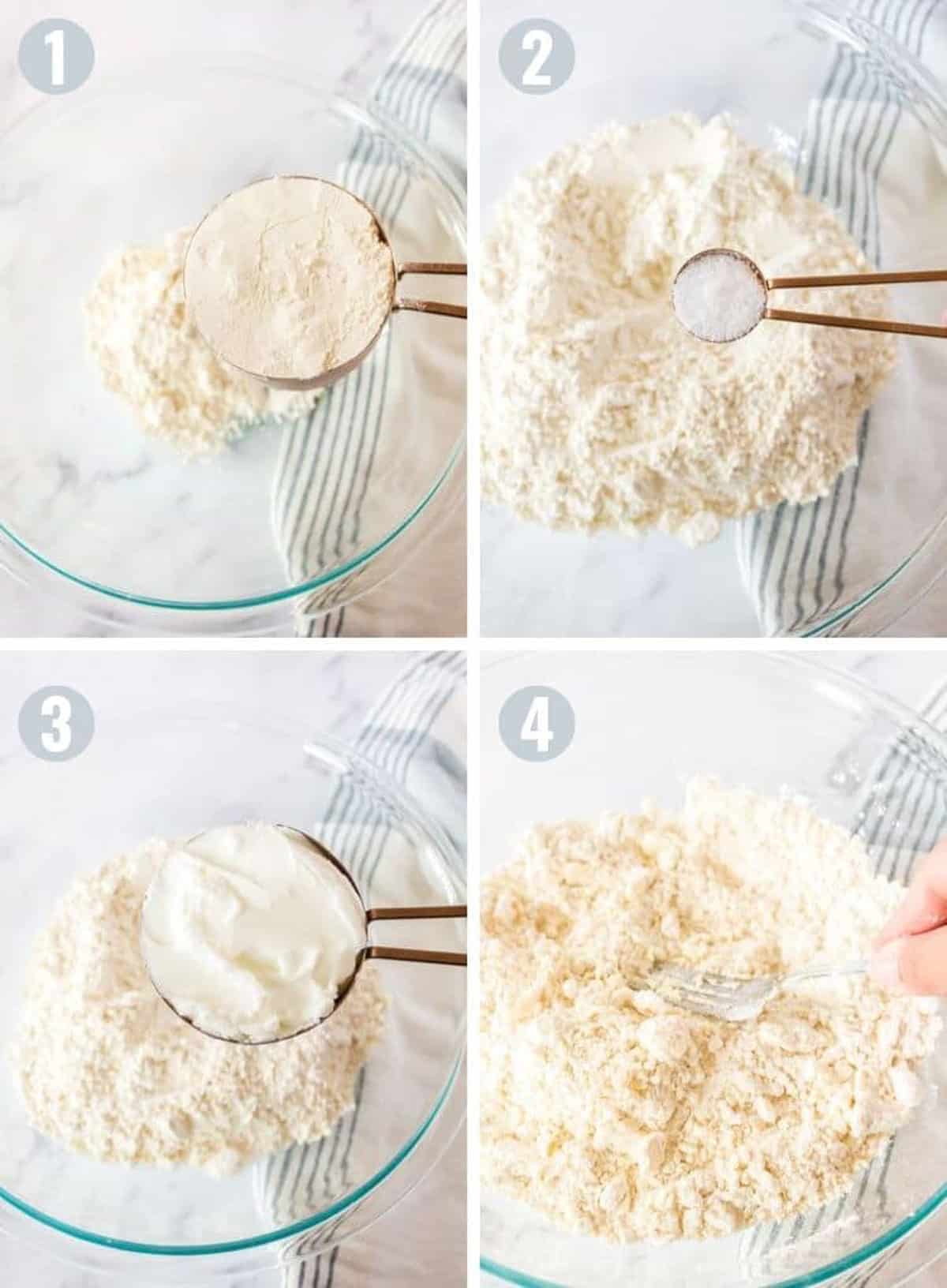 Adding ingredients for a homemade pie crust into a mixing bowl.