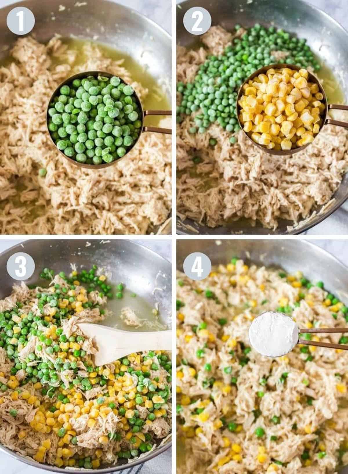 Adding ingredients for turkey pot pie to a mixing bowl.