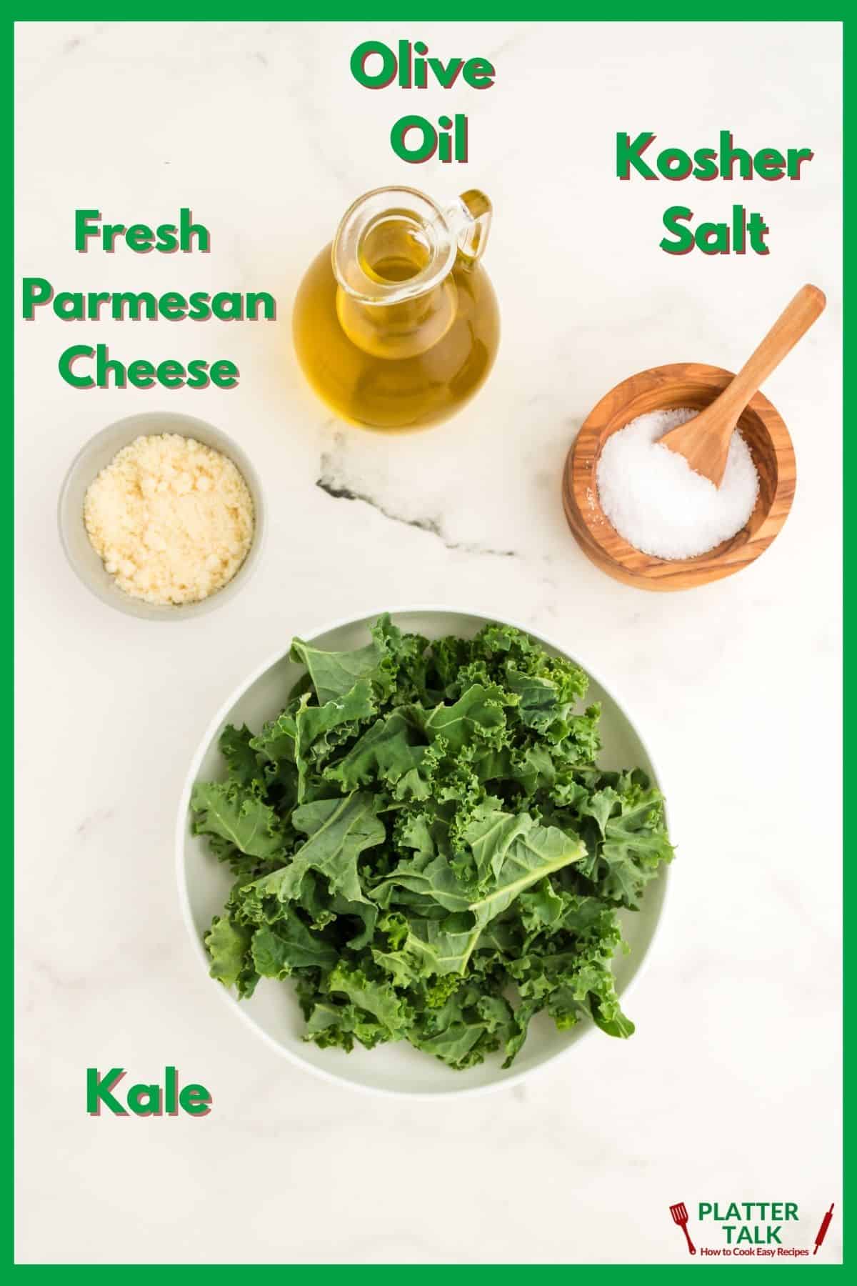 A bowl of fresh kale and other ingredients to make kale chips.