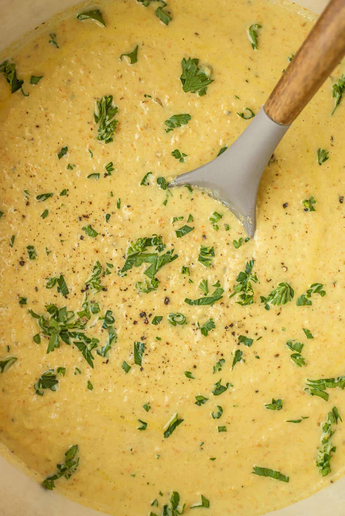 A big pot of soup with chopped fresh parsley.