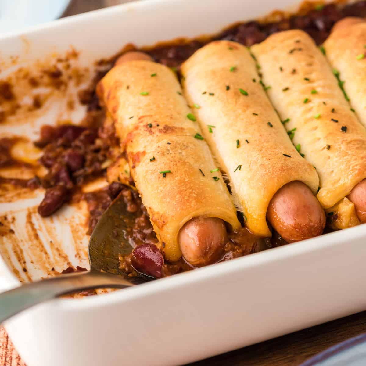 A pan full of chili corn dogs.