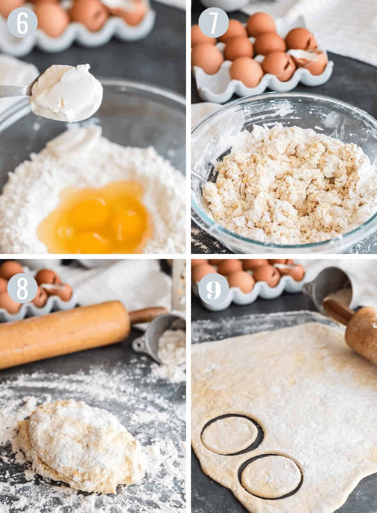 A bunch of flour and eggs in a mixing bowl and sound dough.