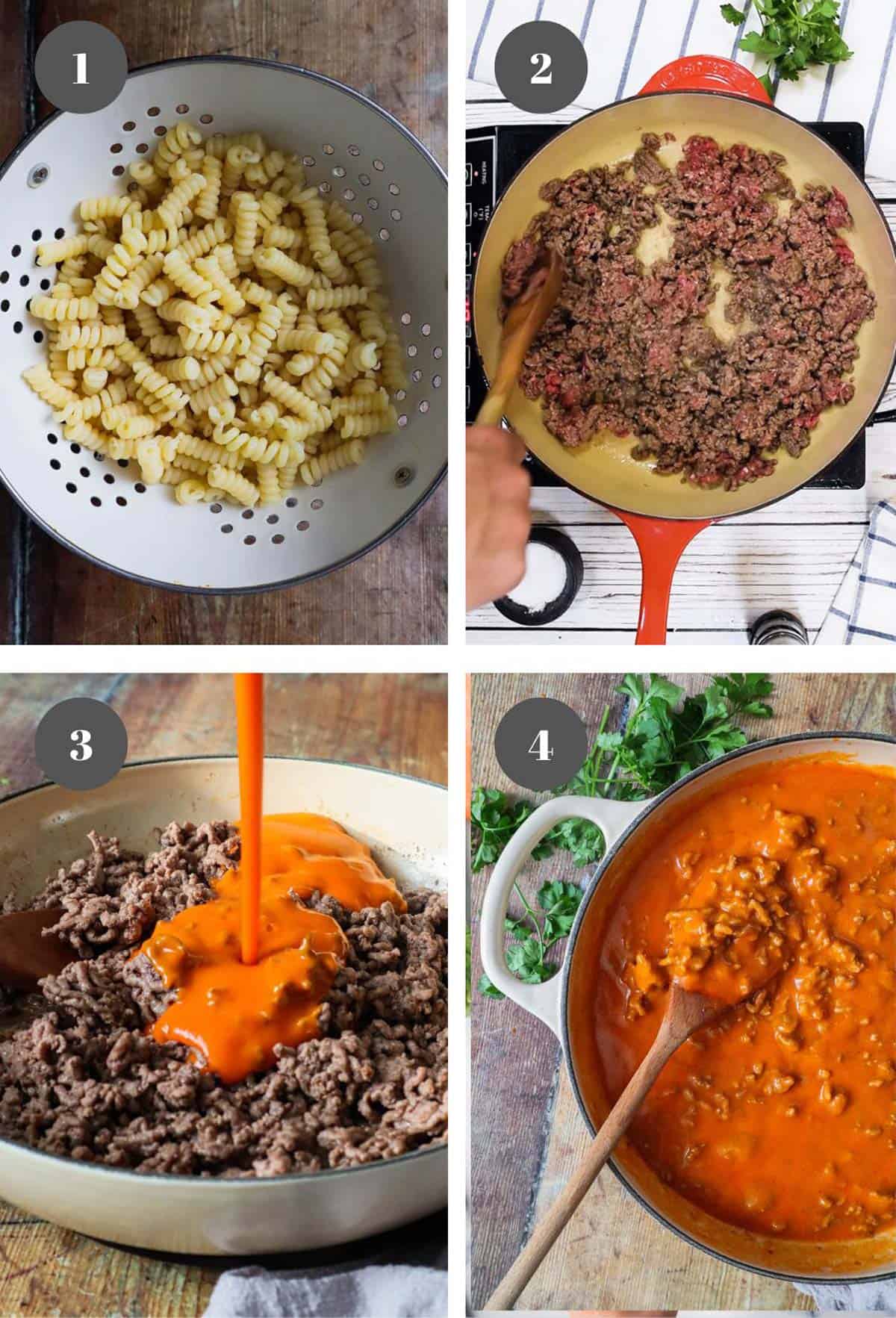 Draining noodles, searing beef, and adding tomato soup to a pot.