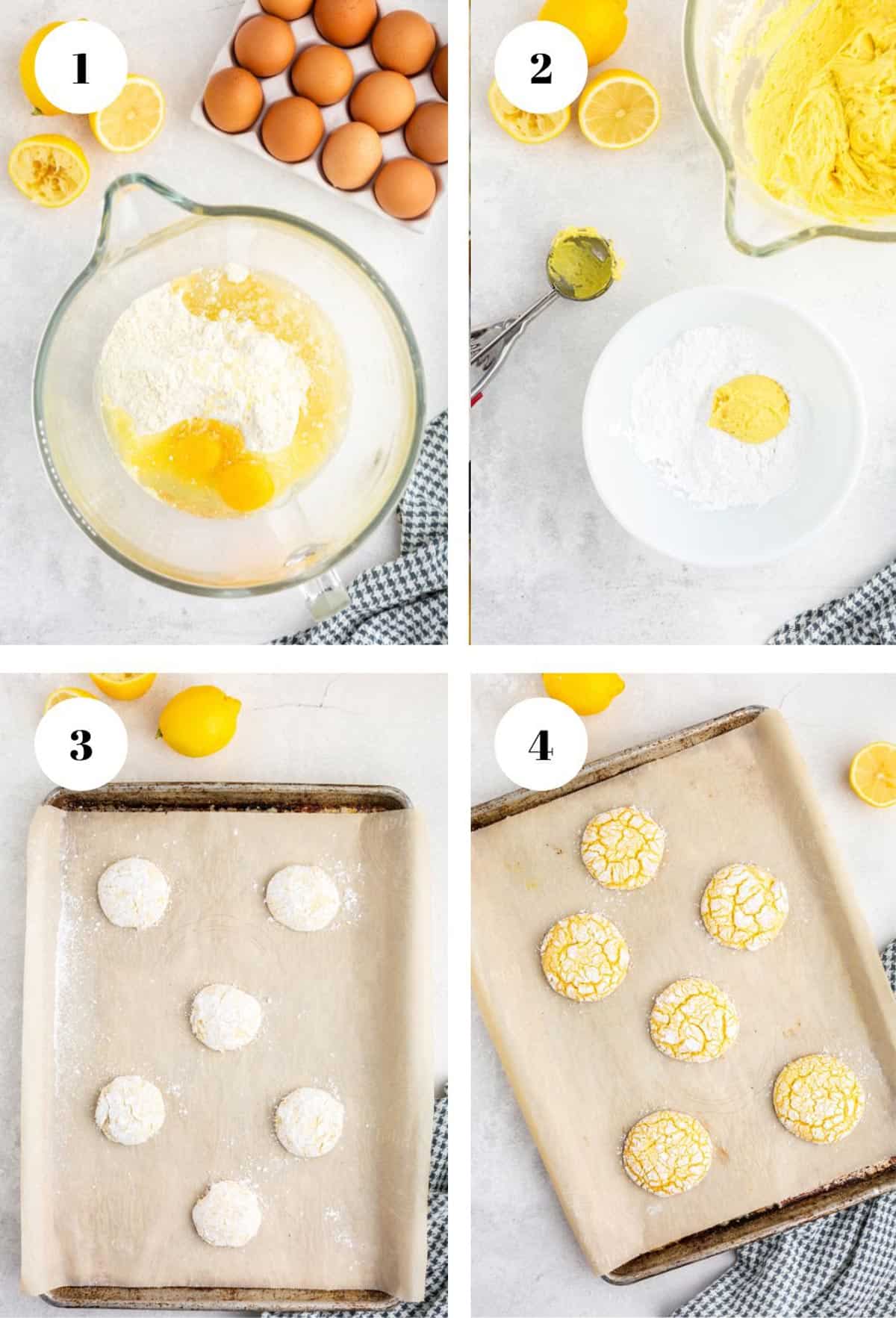 Making lemon cookies A bunch of cookie ingredients and a tray of cookies.