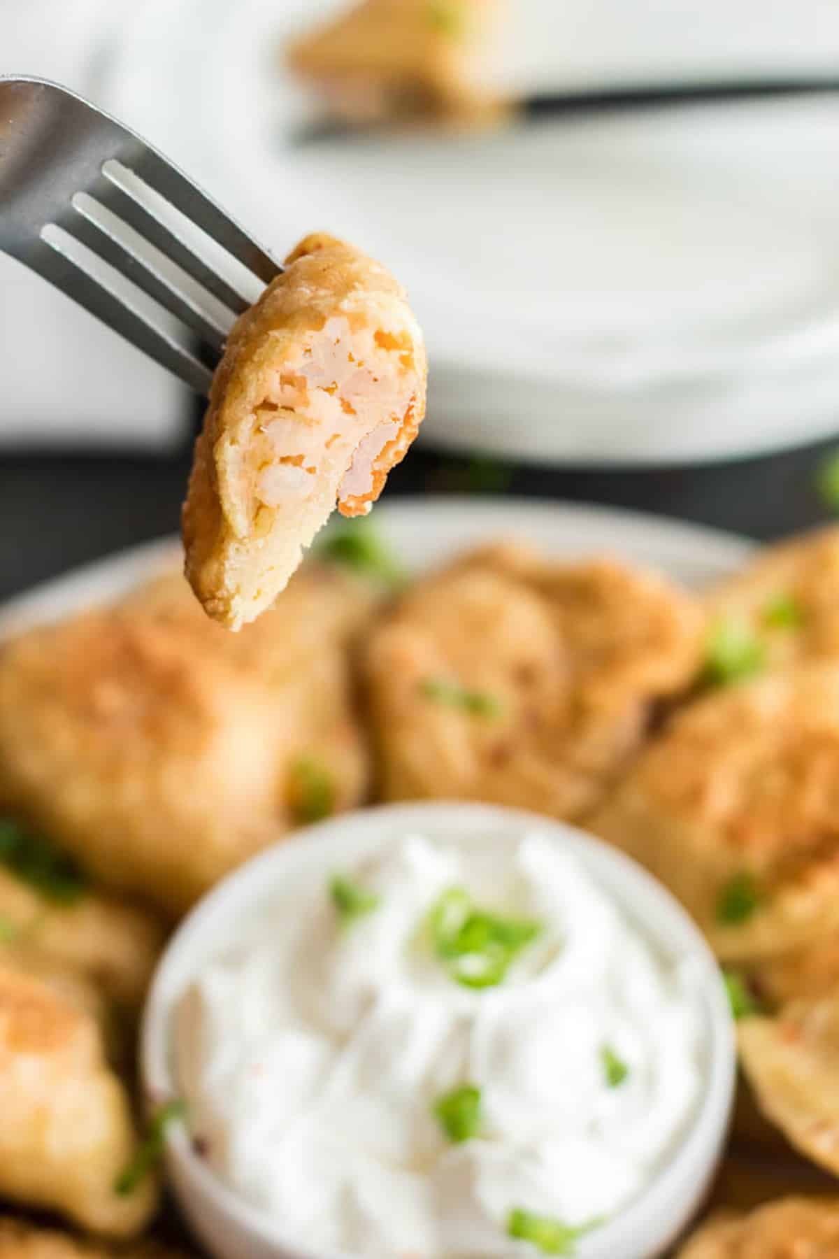 A fork picking up a Polish dumpling with the filling exposed.