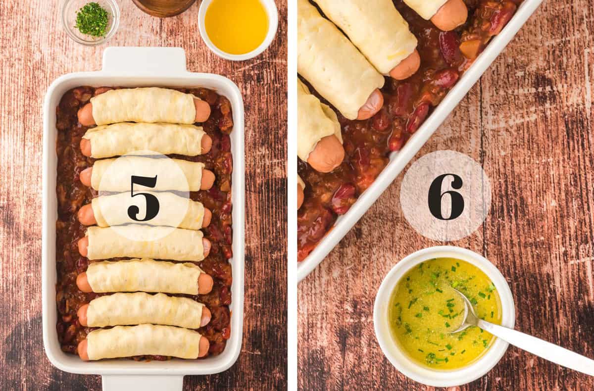 some hot dogs wrapped in dough in a dish of chili.