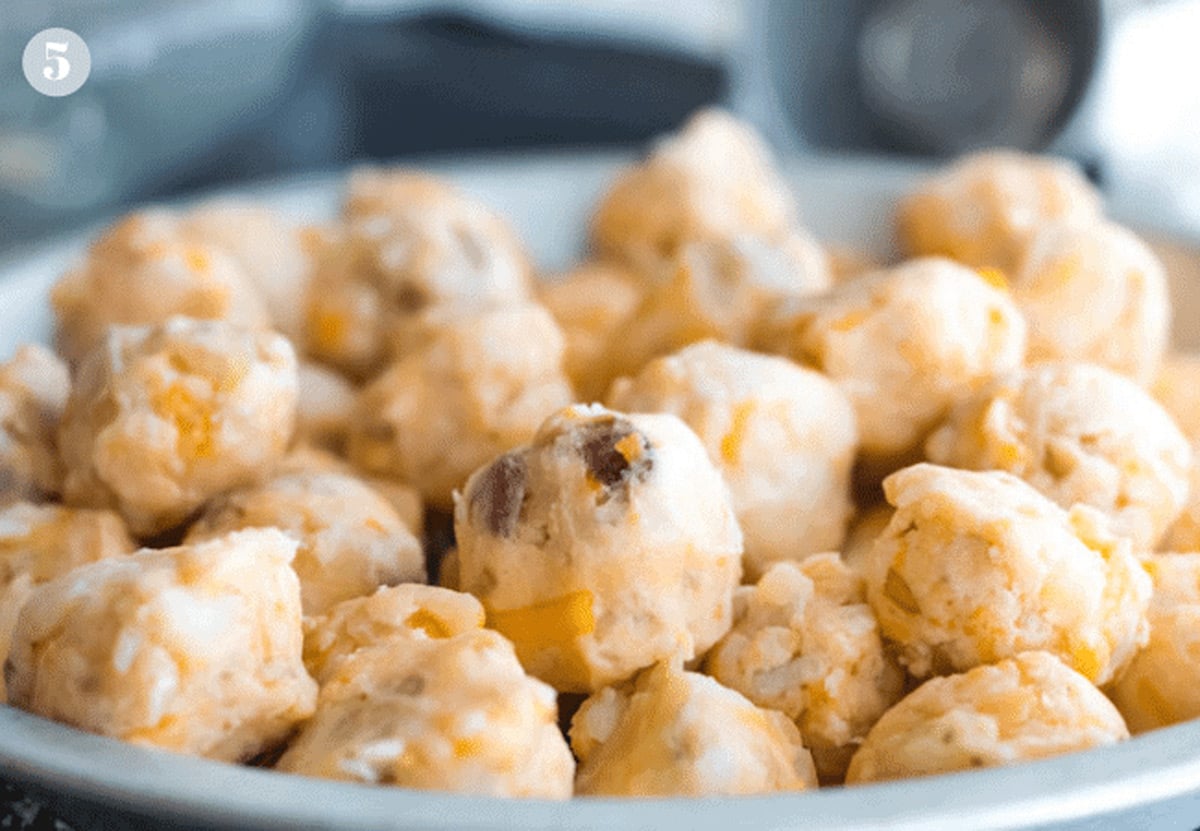 A bowl filled with balls of pierogi filling.