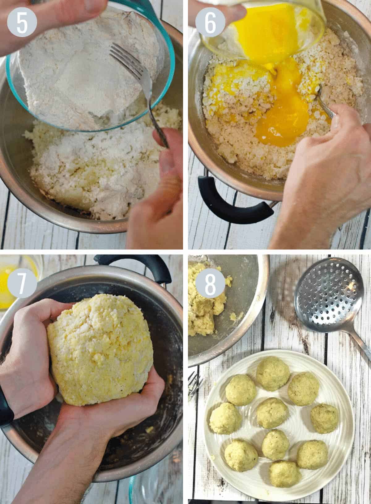 Adding a bunch of ingredients to a big mixing bowl.