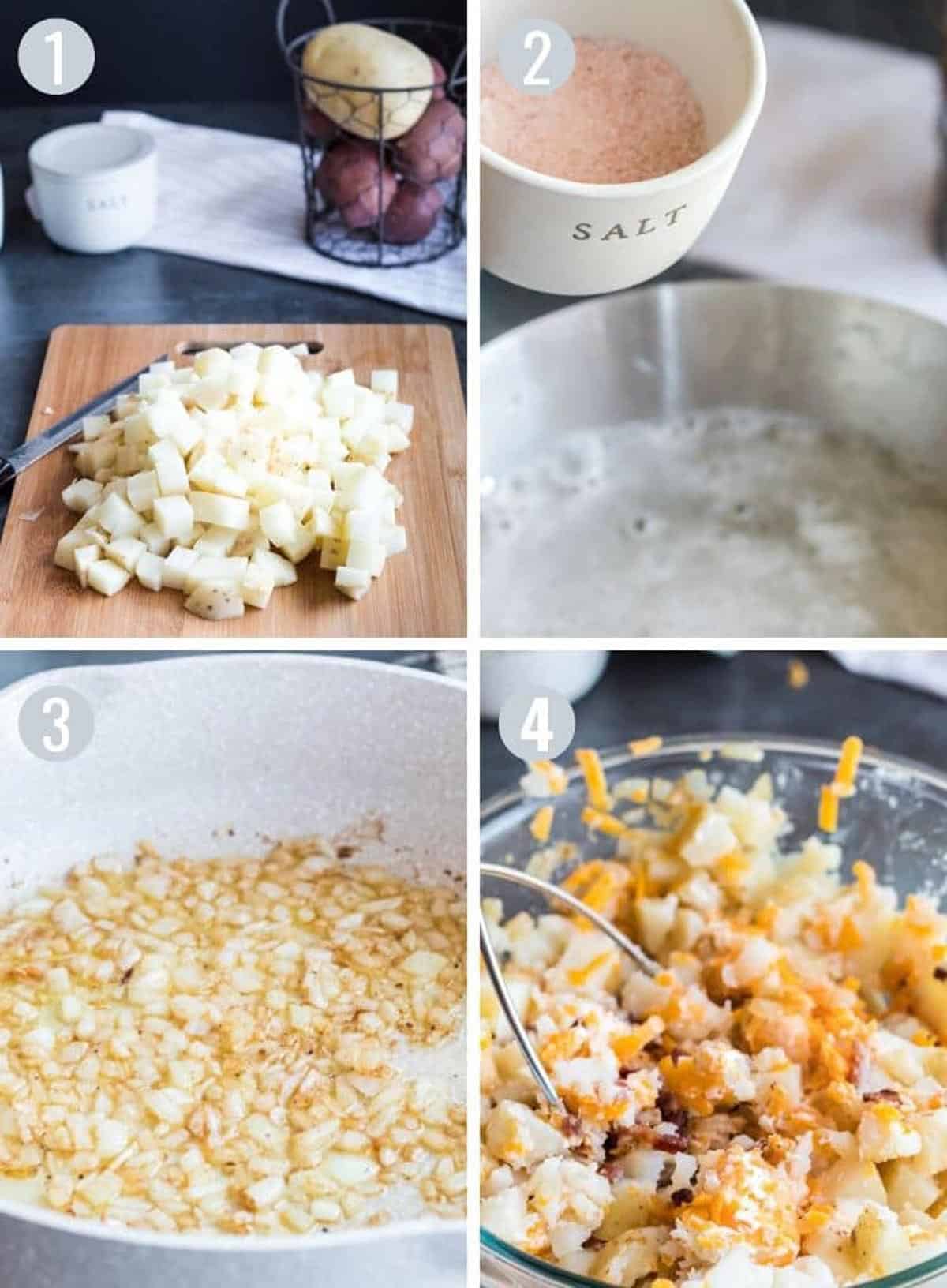 Chopping up potatoes and adding them to a mixing bowl.