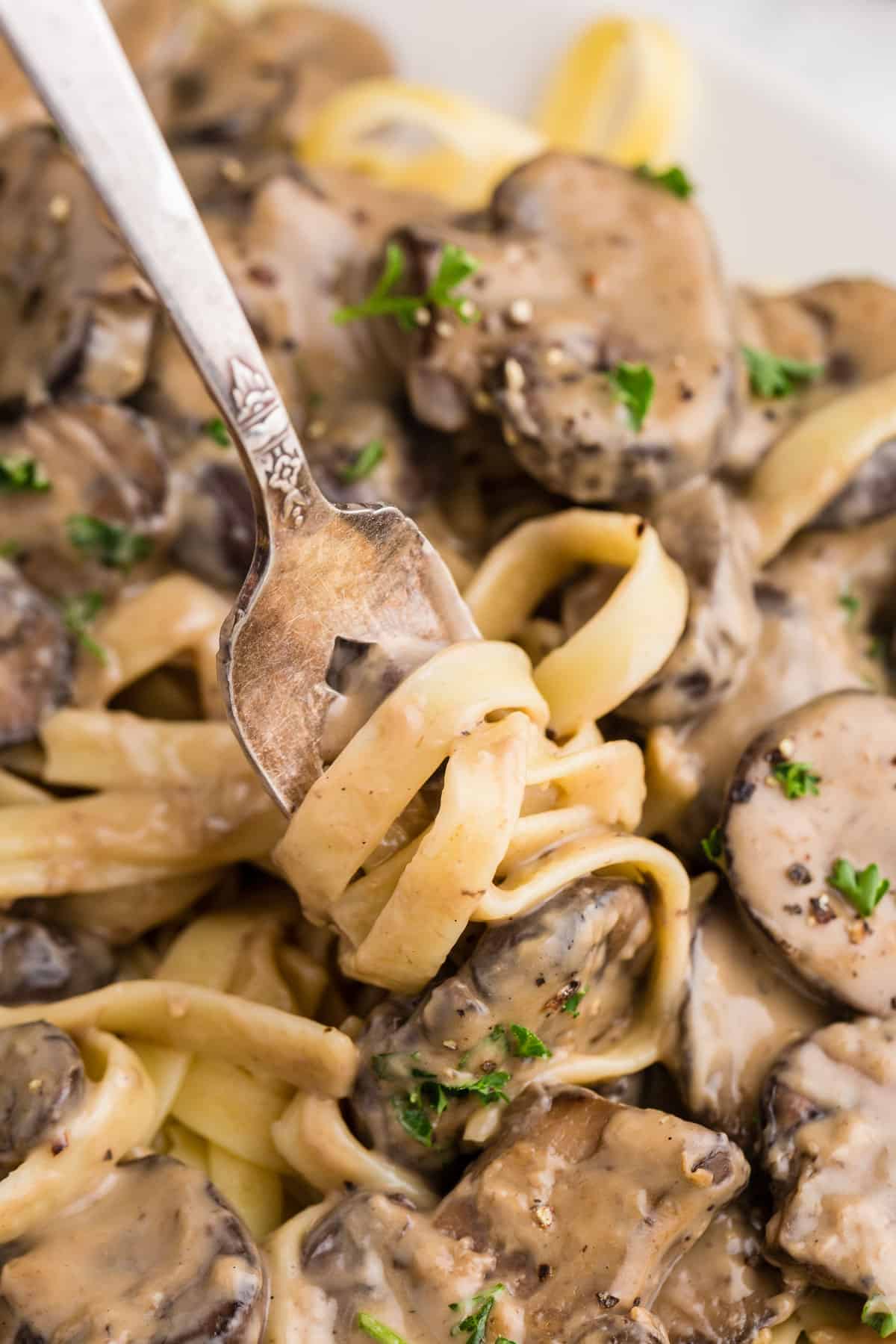 A fork of pasta and mushroom sauce.