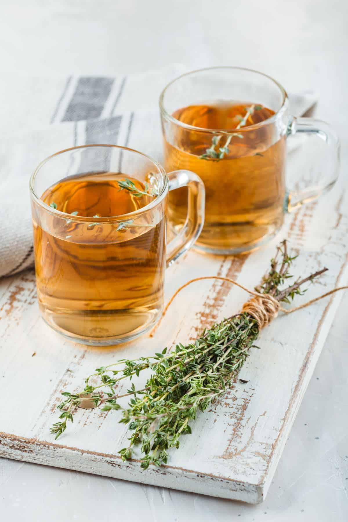 A bunch of thyme and a couple of drinks.