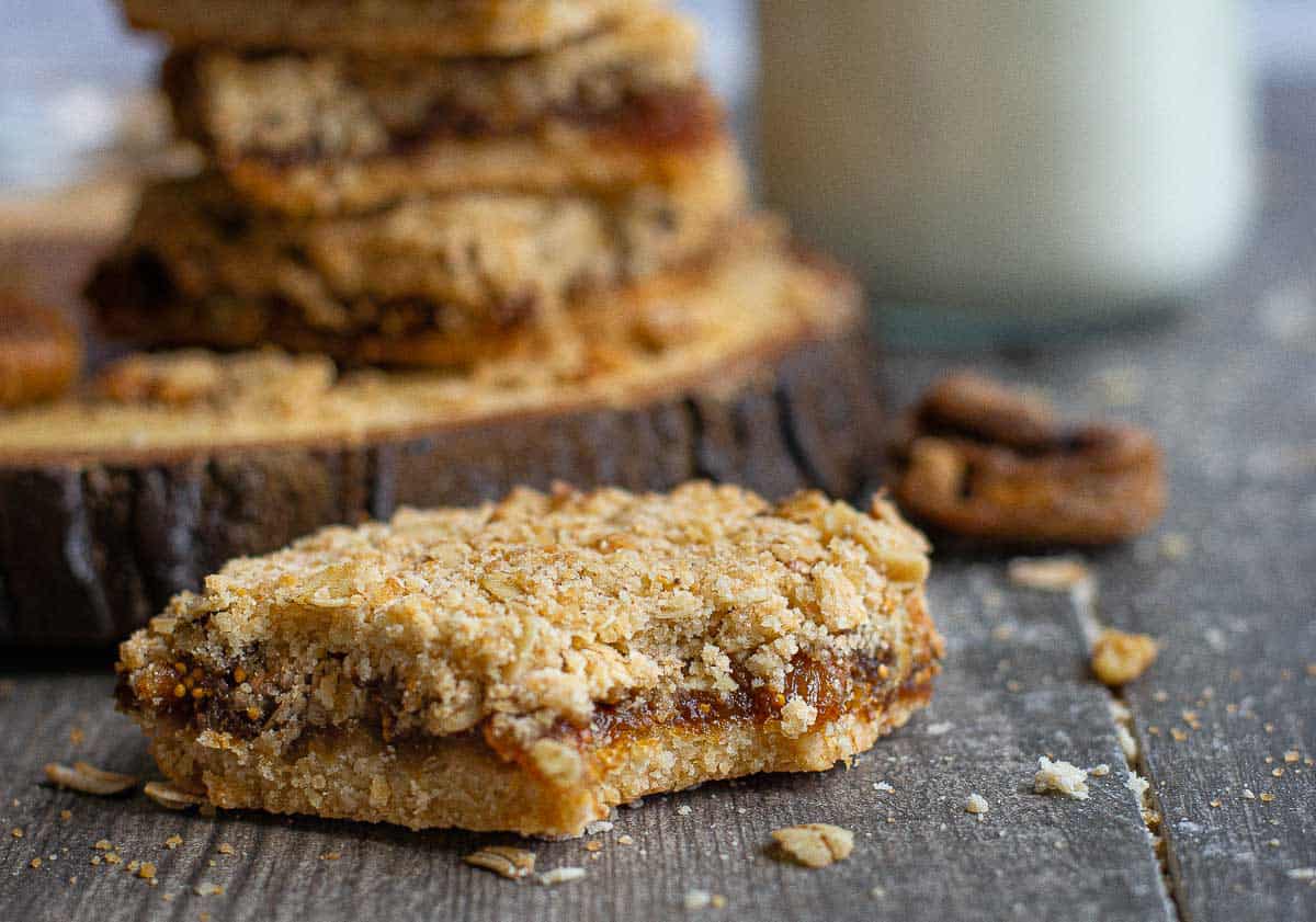 A fig bar with a bite taken out of it.