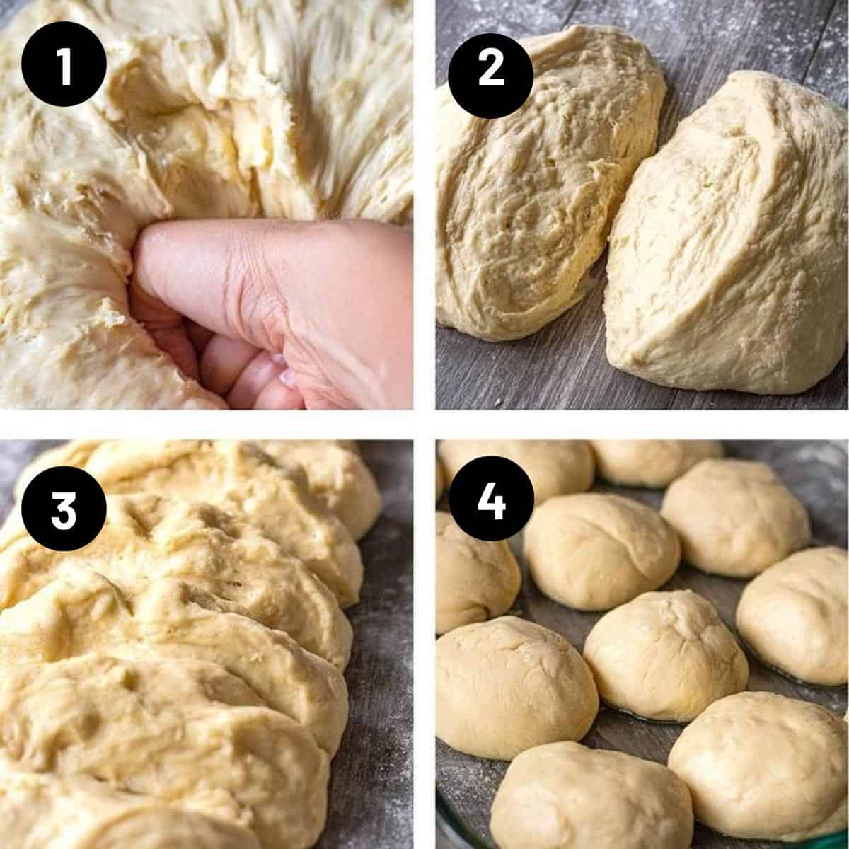 Forming dough to make dinner rolls.