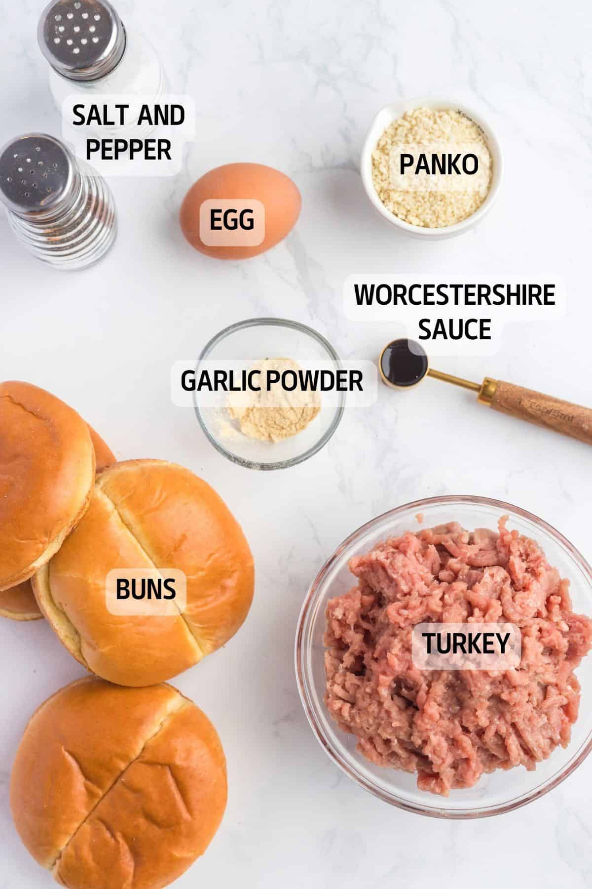 A bunch of ingredients for turkey burgers.