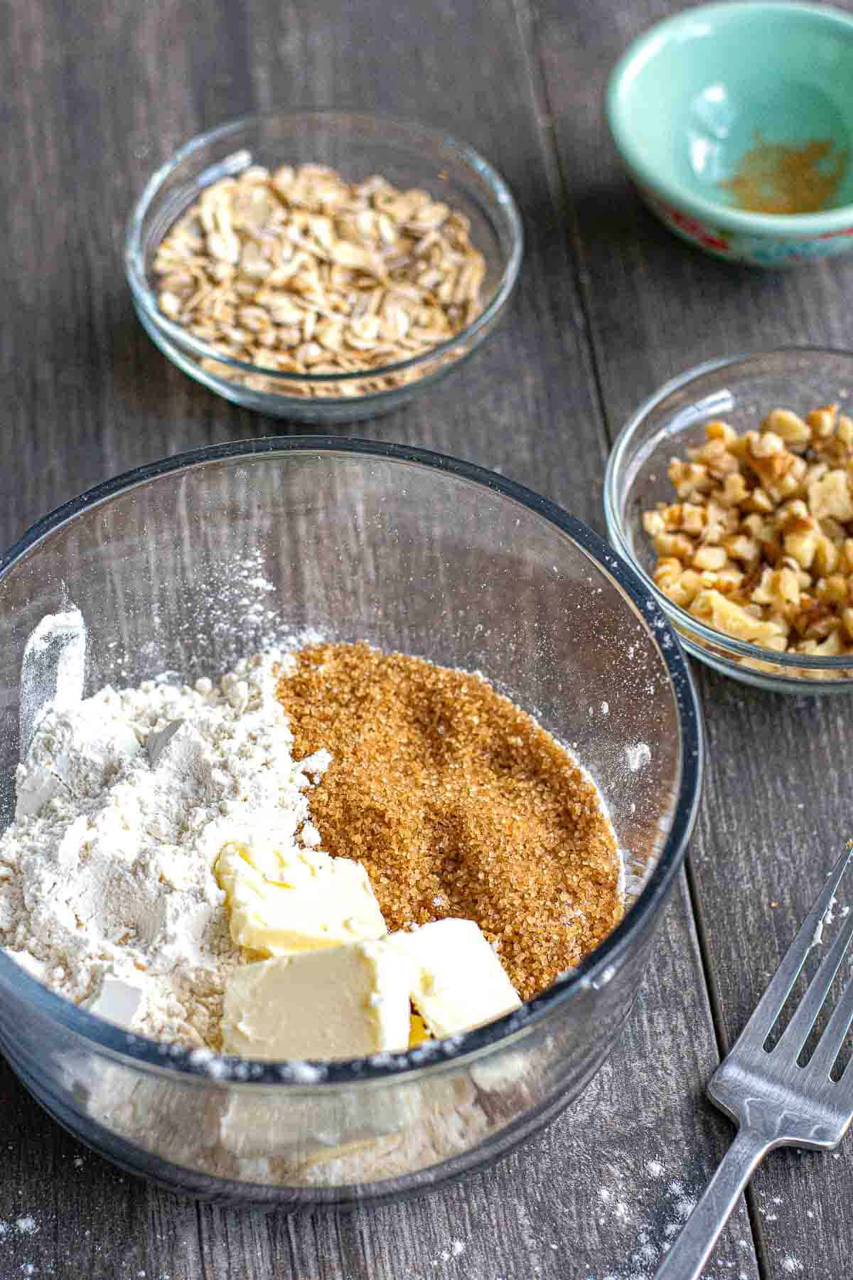 A bunch of ingredients in mixing bowls.