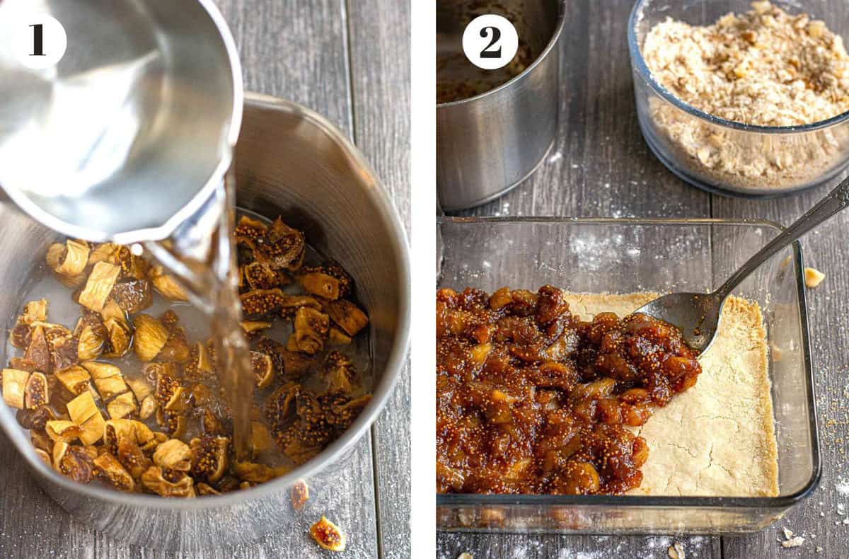 Pouring a pot of hot water over some figs and spreading them on a crust.