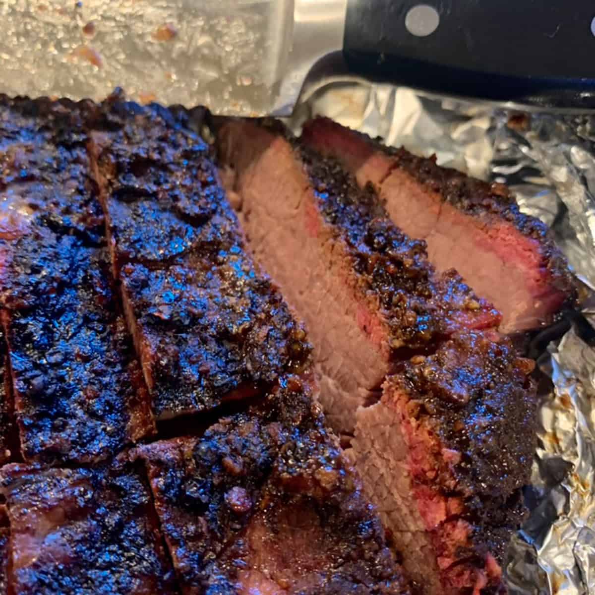 A sliced smoked brisket.