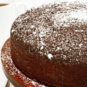A round chocolate cake, dusted with powdered sugar.