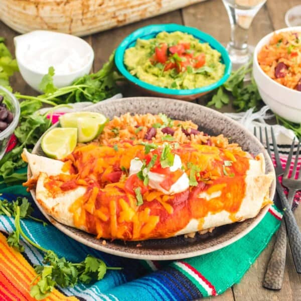 A plate of enchiladas and other Mexican food.