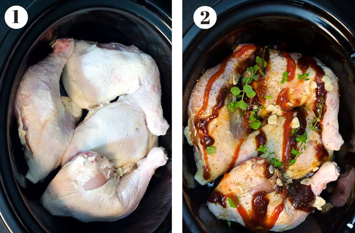 Some chicken leg quarters in a crock pot.