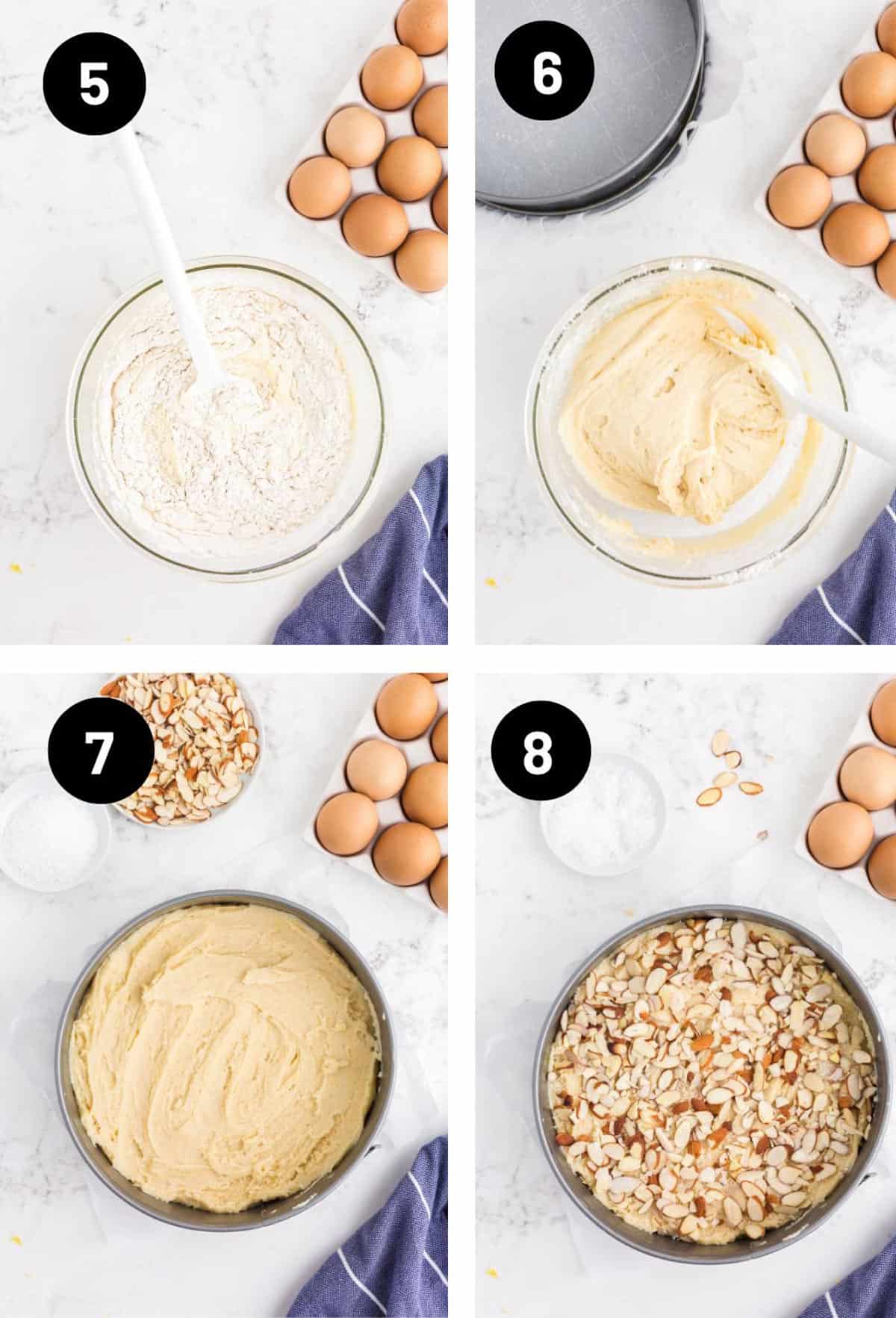 The process of making an almond cake with ingredients and mixing bowls.