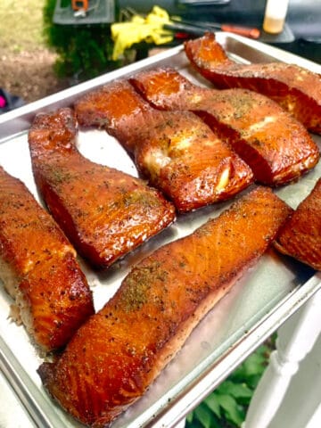 A tray of hot-smoked salmon.