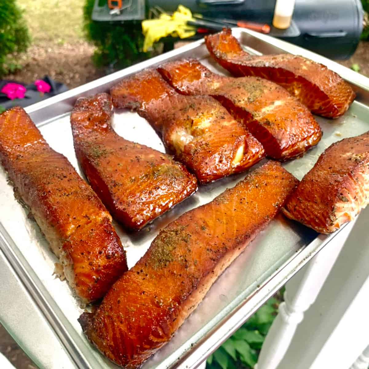 A tray of hot-smoked salmon.