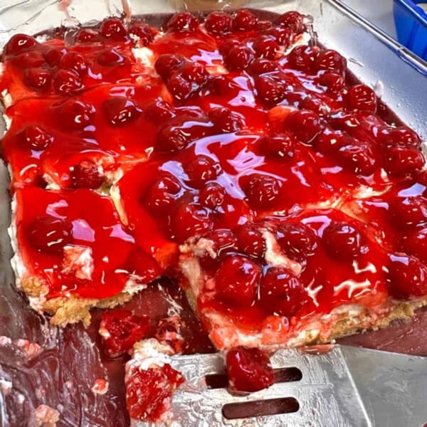 A pan of no bake cherry cheesecake.