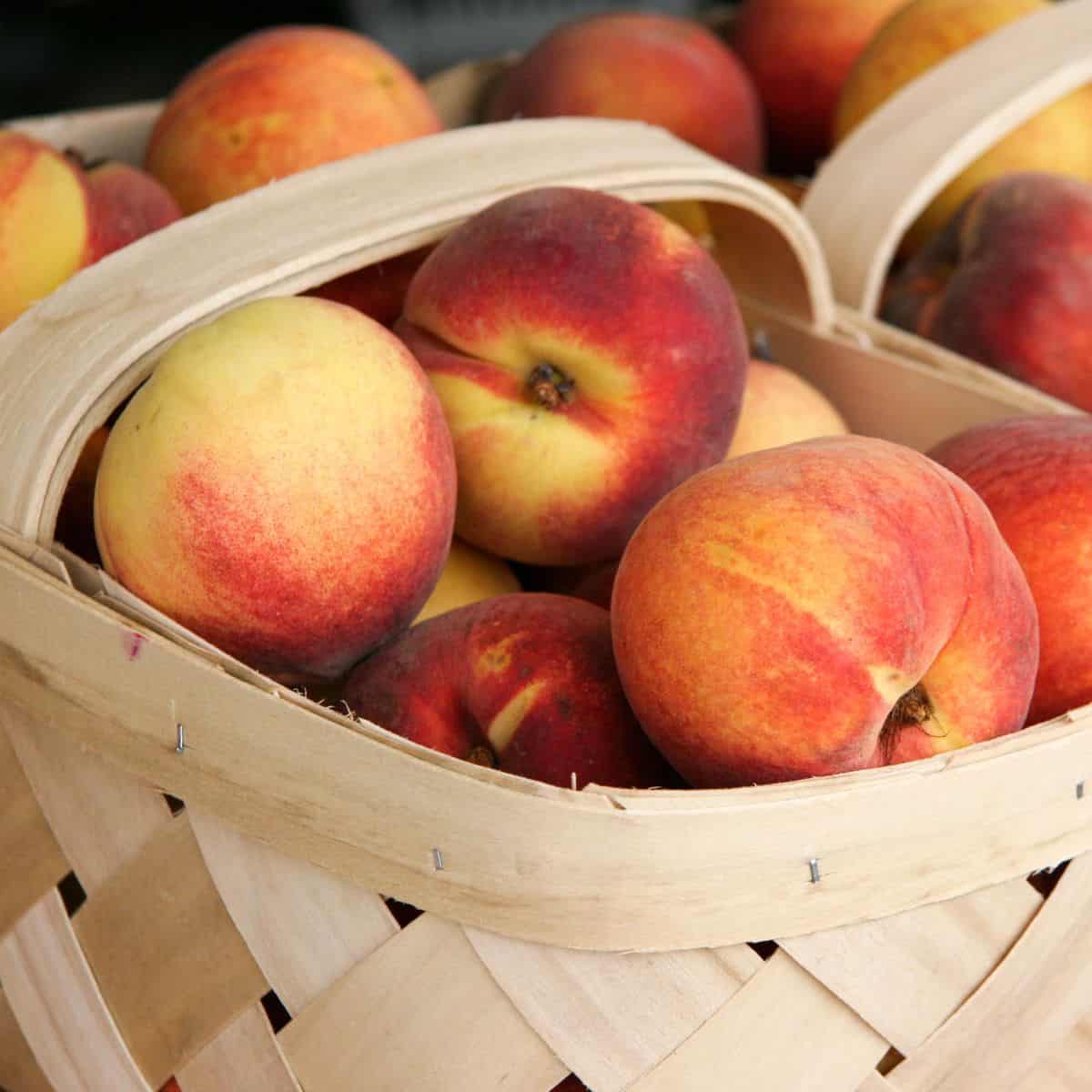 Fresh peaches in a straw basket.