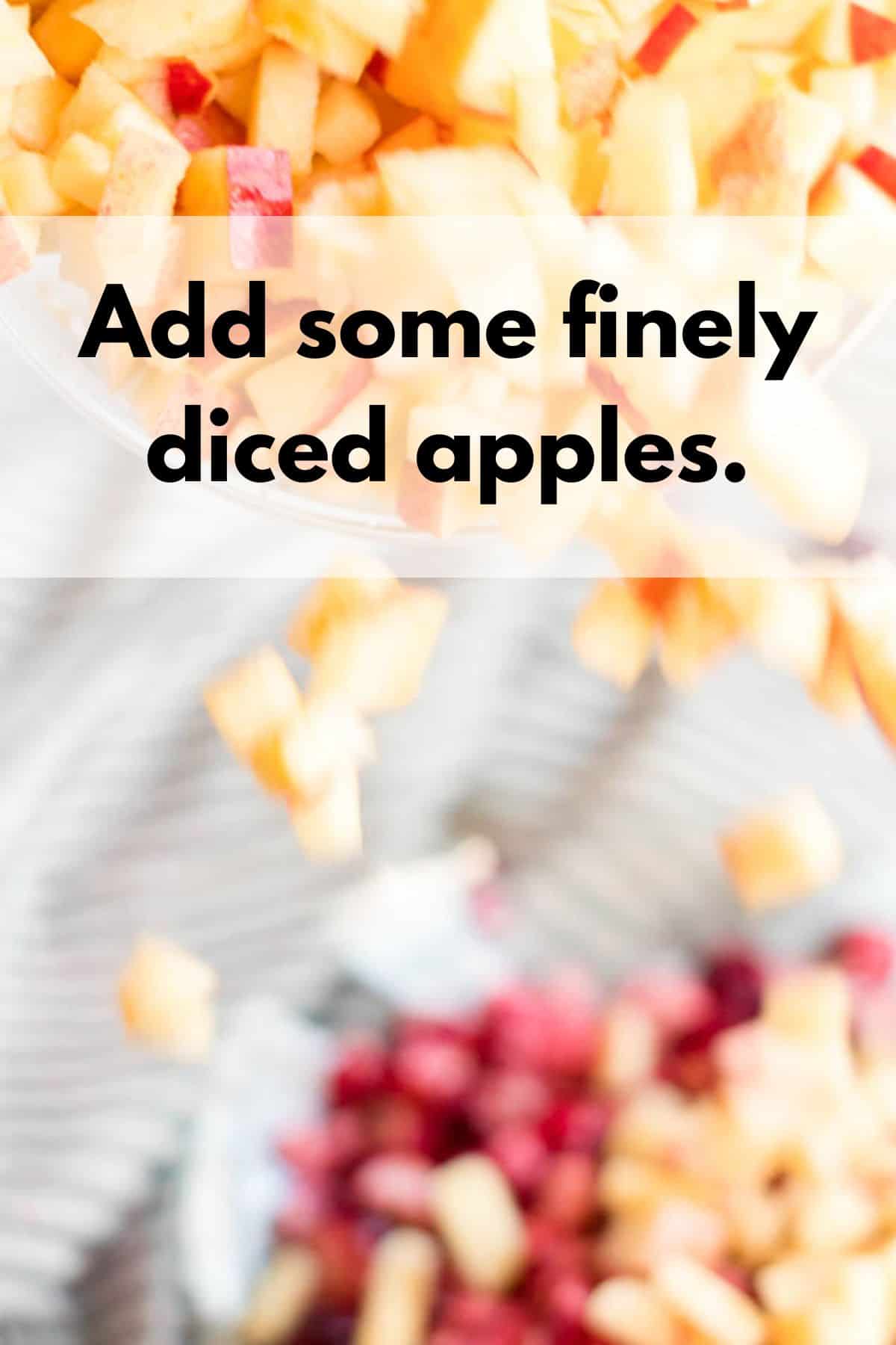 Adding diced apples to a bowl.