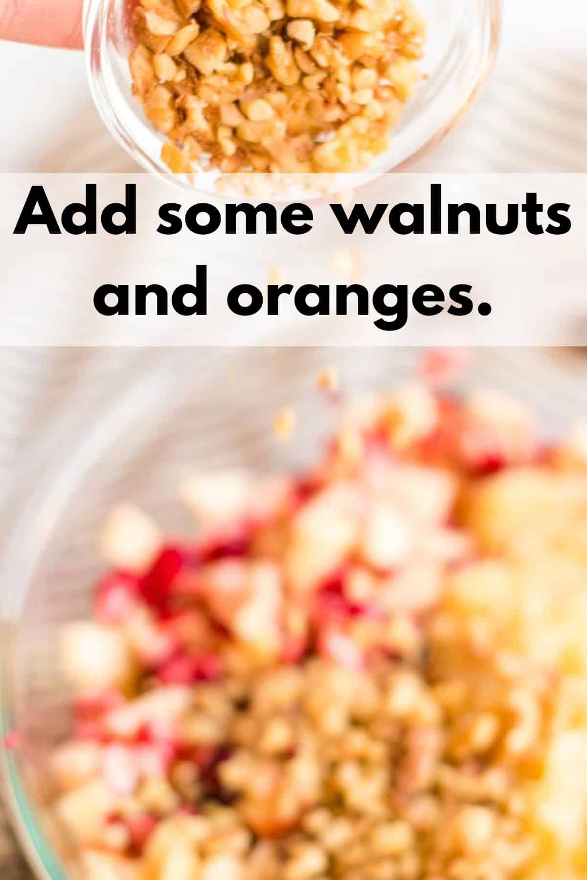 Adding chopped walnuts to a mixing bowl.