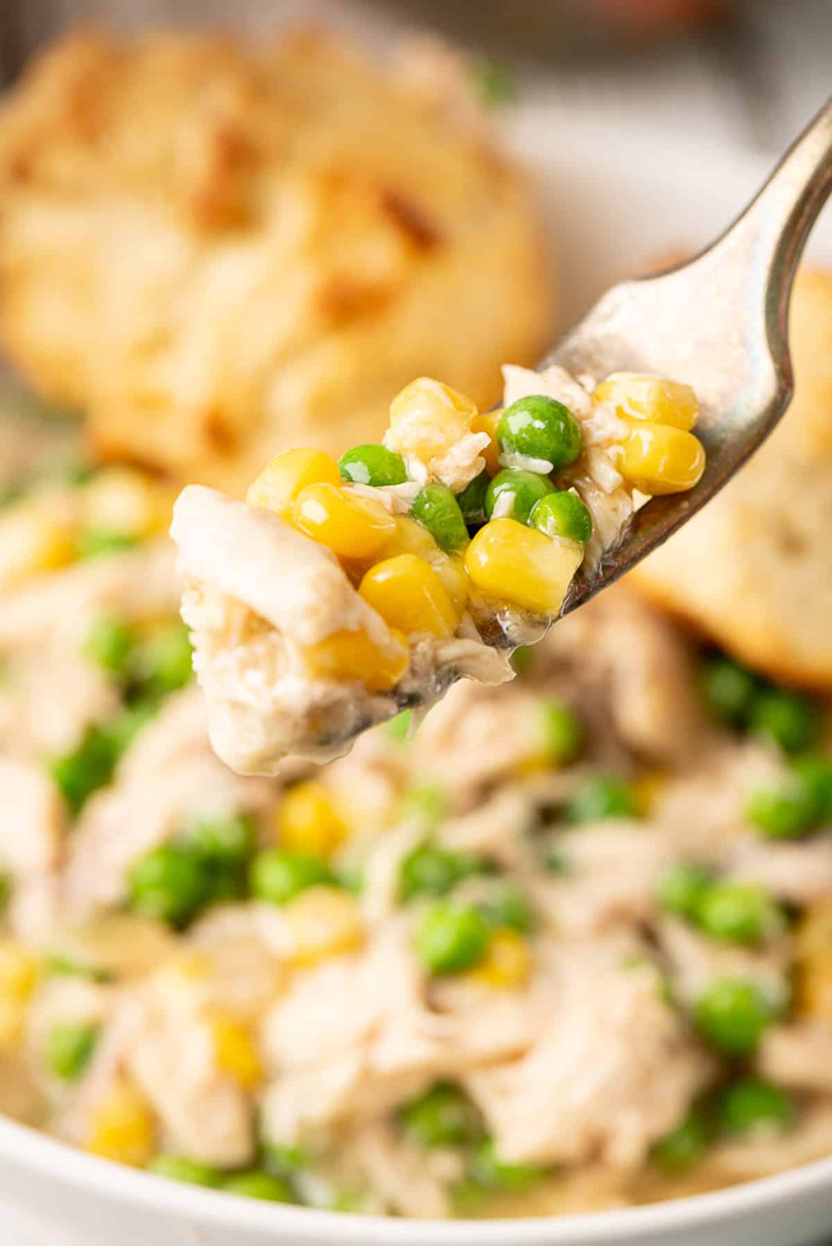 A close-up view of a fork with some food on it.