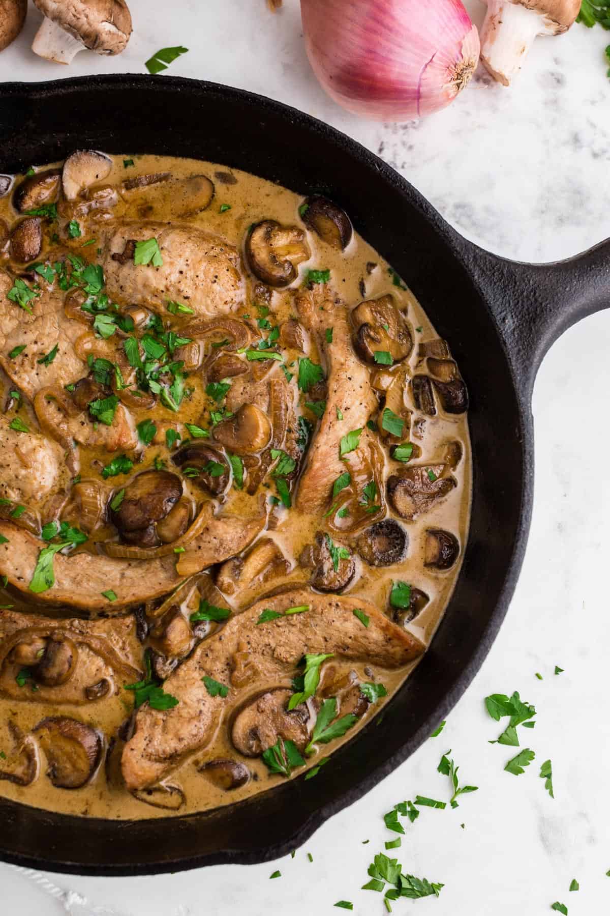 A skillet of creamy veal Marsala.