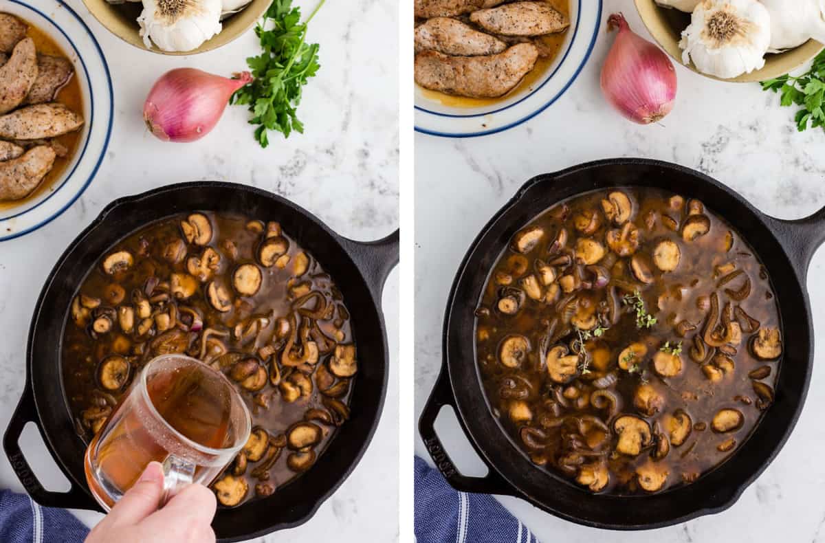 Adding broth and fresh herbs to a skillet of mushroom.