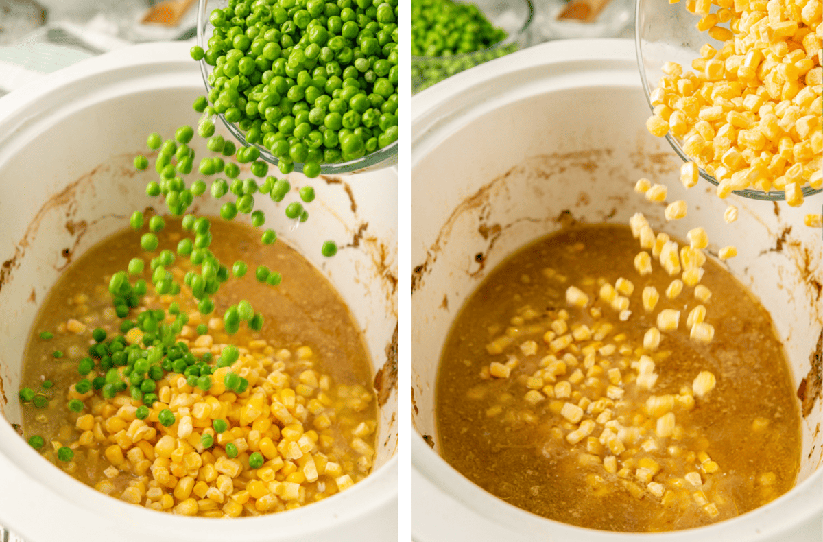 Adding frozen peas and frozen corn to a slow cooker.