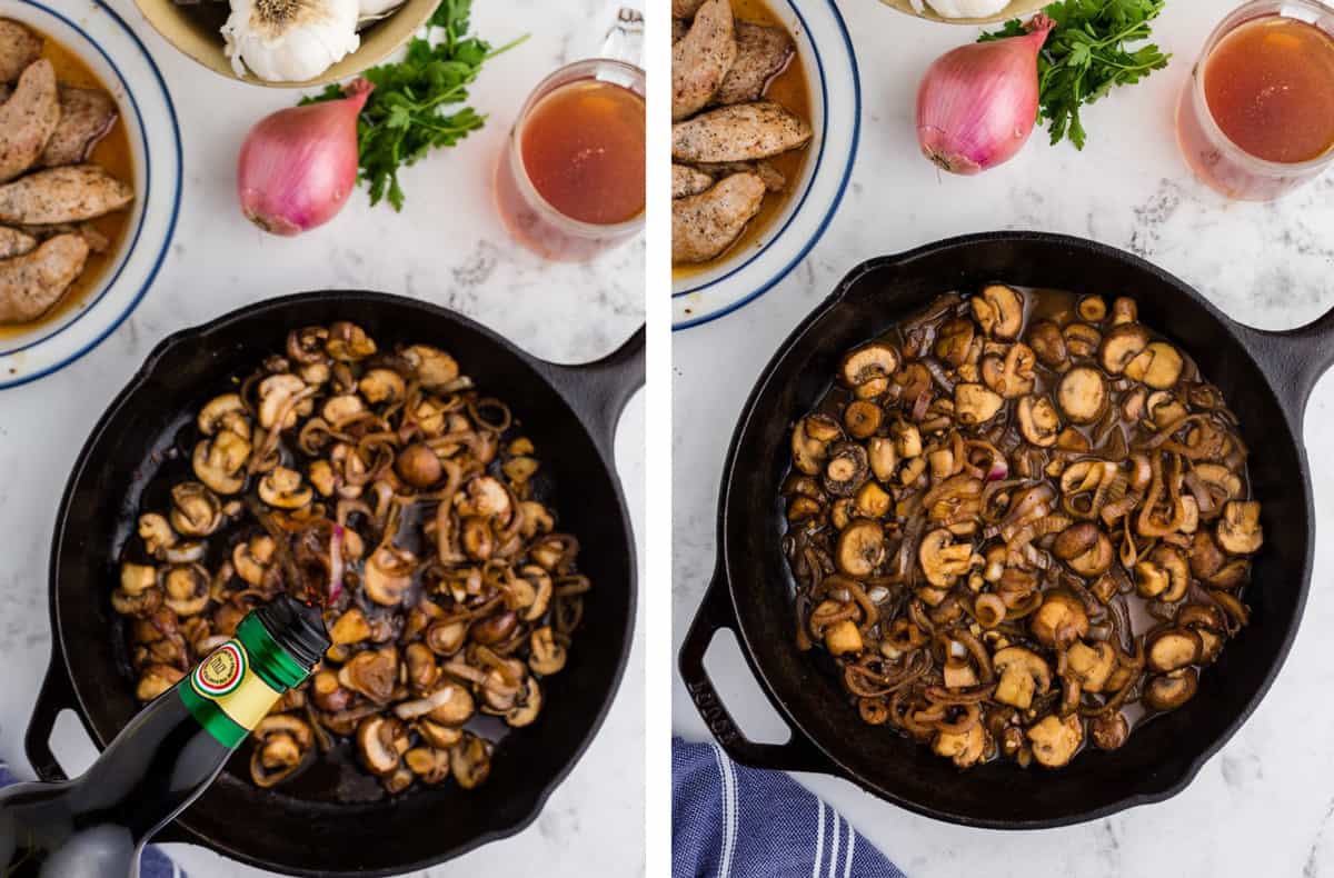 Deglazing a skillet of mushrooms and scallions.