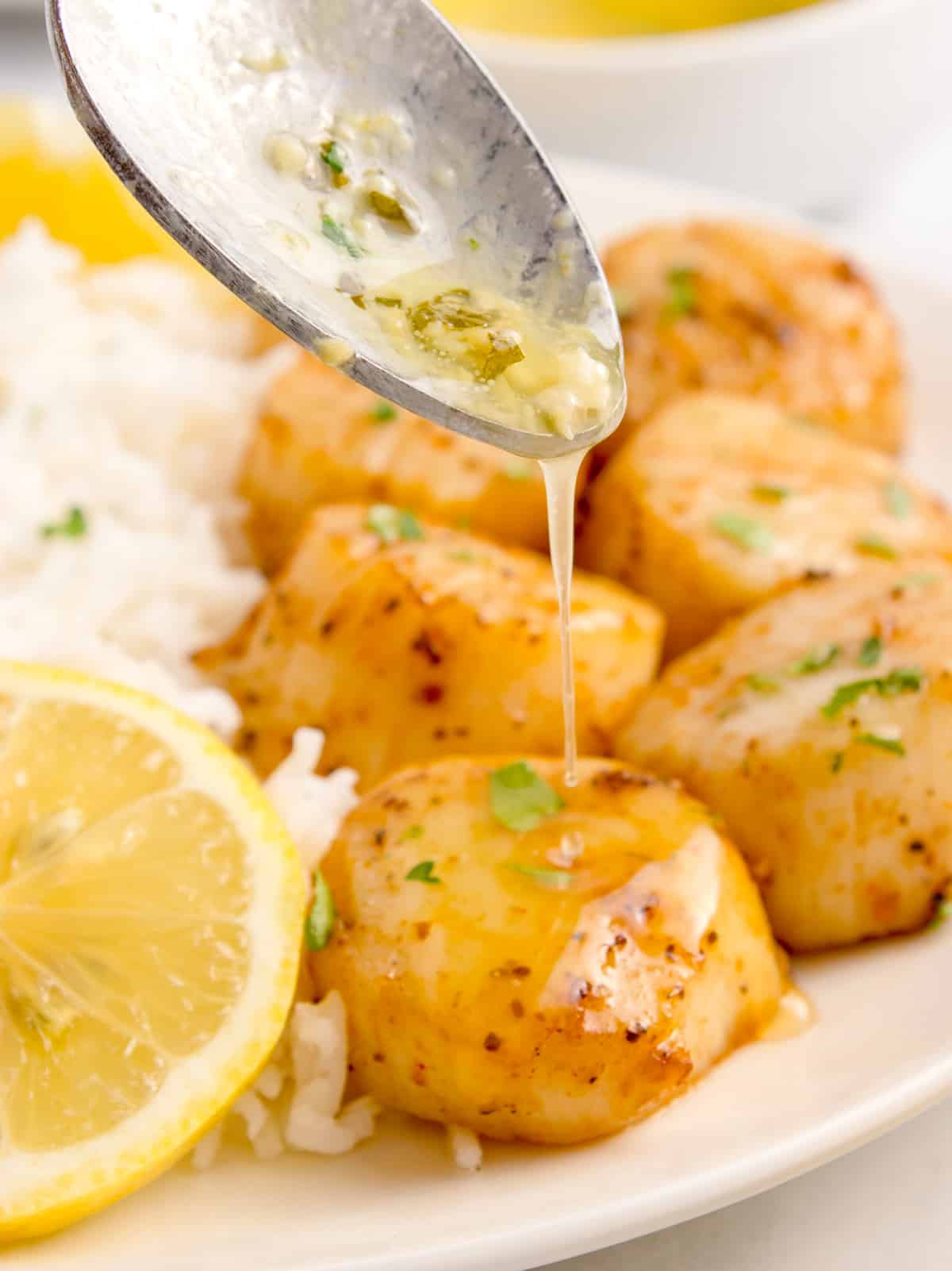 Drizzling butter on a plate of scallops.