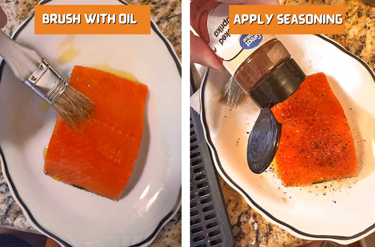 Applying oil and seasoning to sockeye salmon.