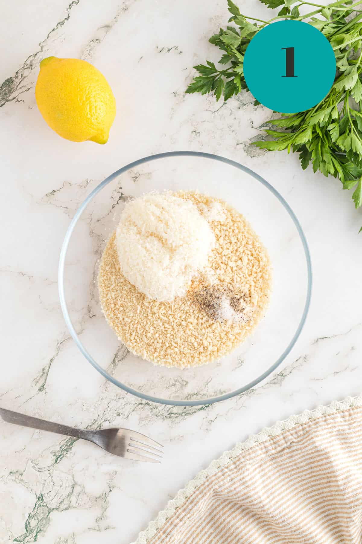 Some dry ingredients in a mixing bowl.