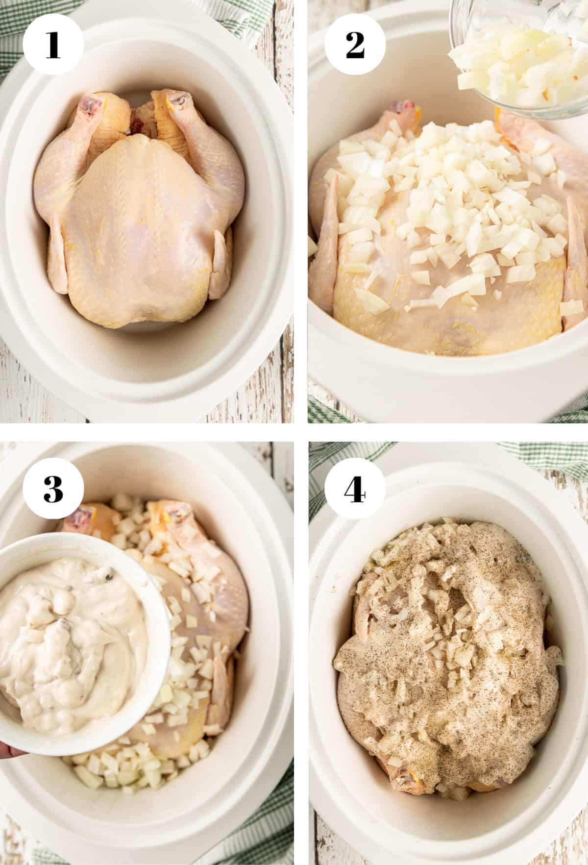 Adding ingredients to a whole chicken in a crock pot.